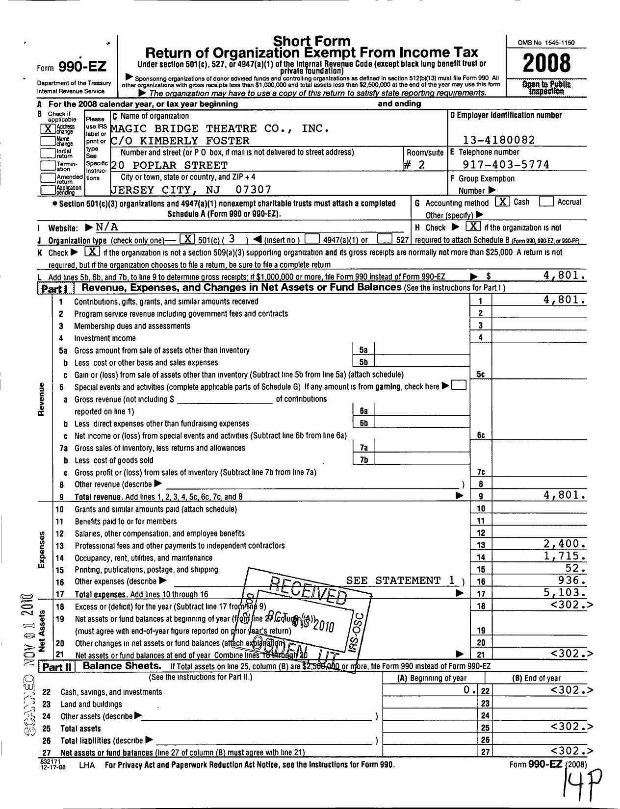 Image of first page of 2008 Form 990EZ for Magic Bridge Theatre Company