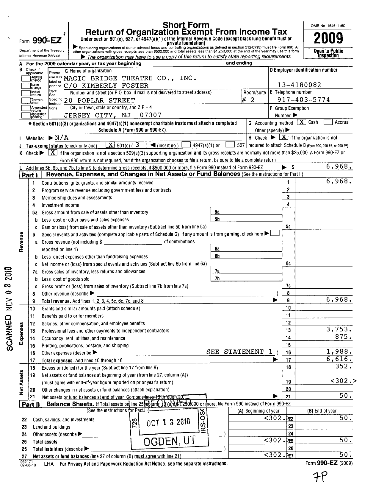 Image of first page of 2009 Form 990EZ for Magic Bridge Theatre Company