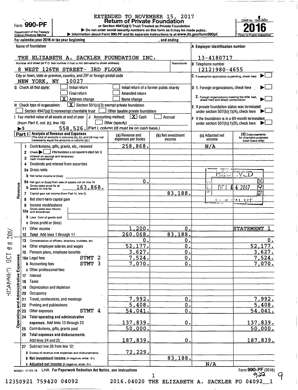 Image of first page of 2016 Form 990PF for The Elizabeth A Sackler Foundation