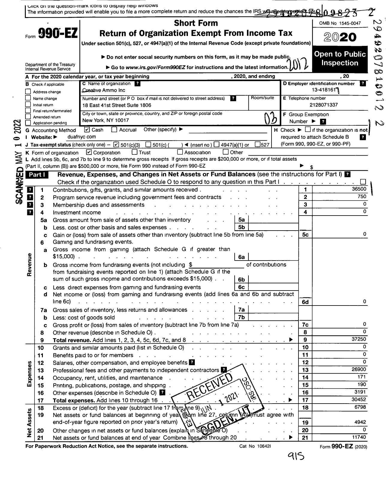 Image of first page of 2020 Form 990EZ for Creative Ammo