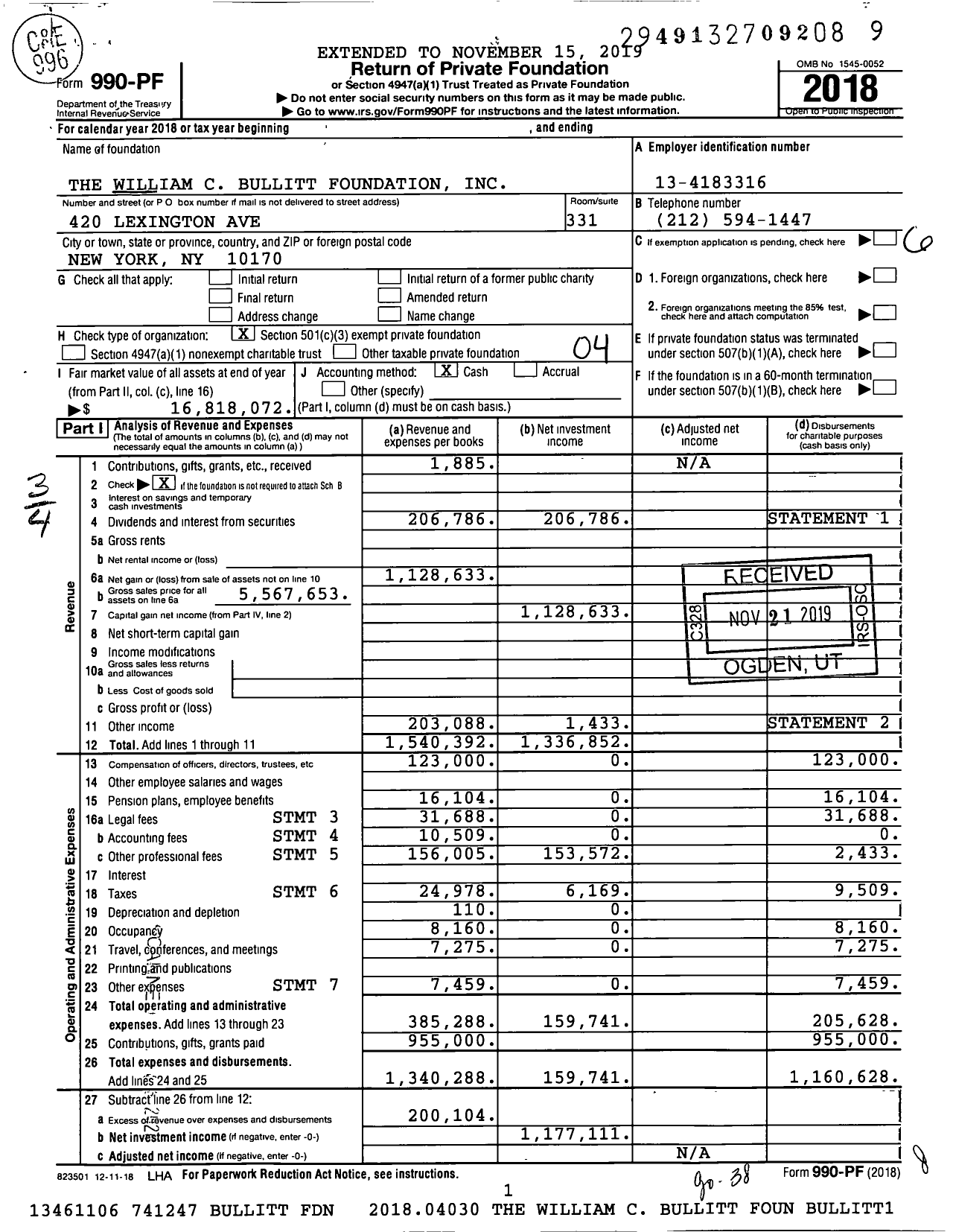Image of first page of 2018 Form 990PF for The William C Bullitt Foundation