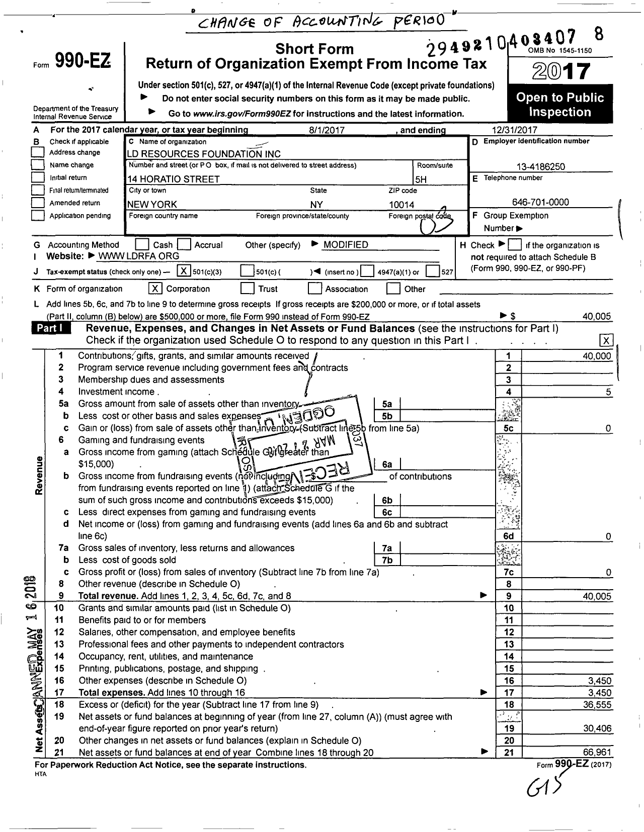 Image of first page of 2017 Form 990EZ for LD Resources Foundation