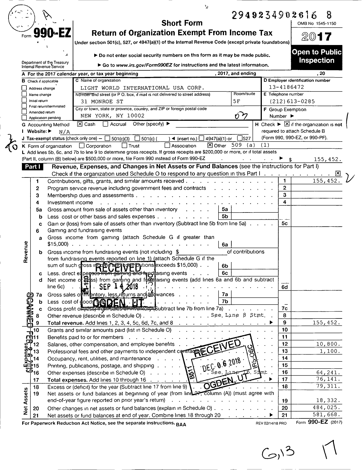 Image of first page of 2017 Form 990EZ for Light World International USA Corporation