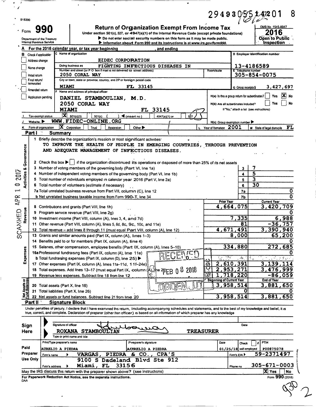 Image of first page of 2016 Form 990 for Fidec Corporation