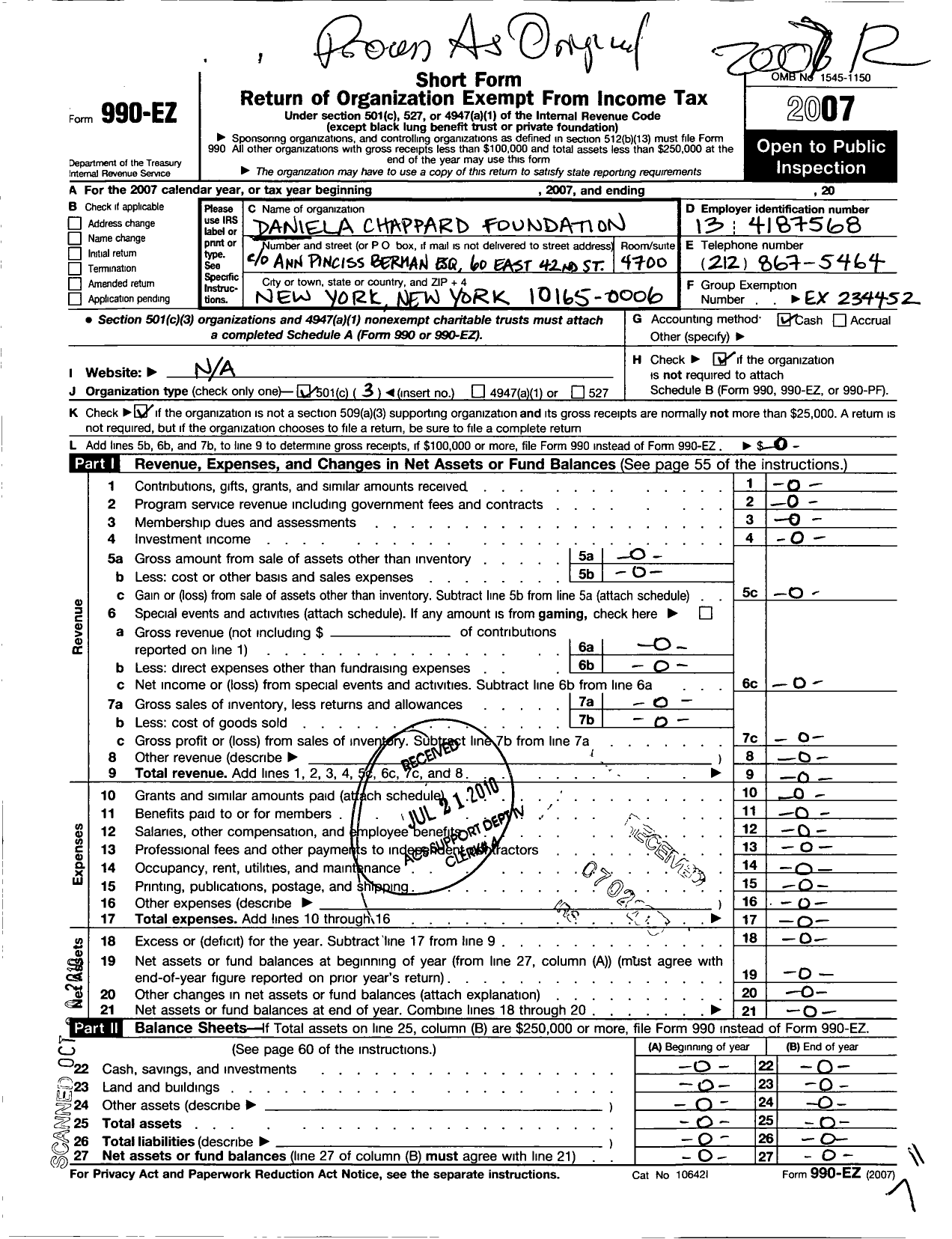 Image of first page of 2007 Form 990EZ for Daniela Chappard Foundation