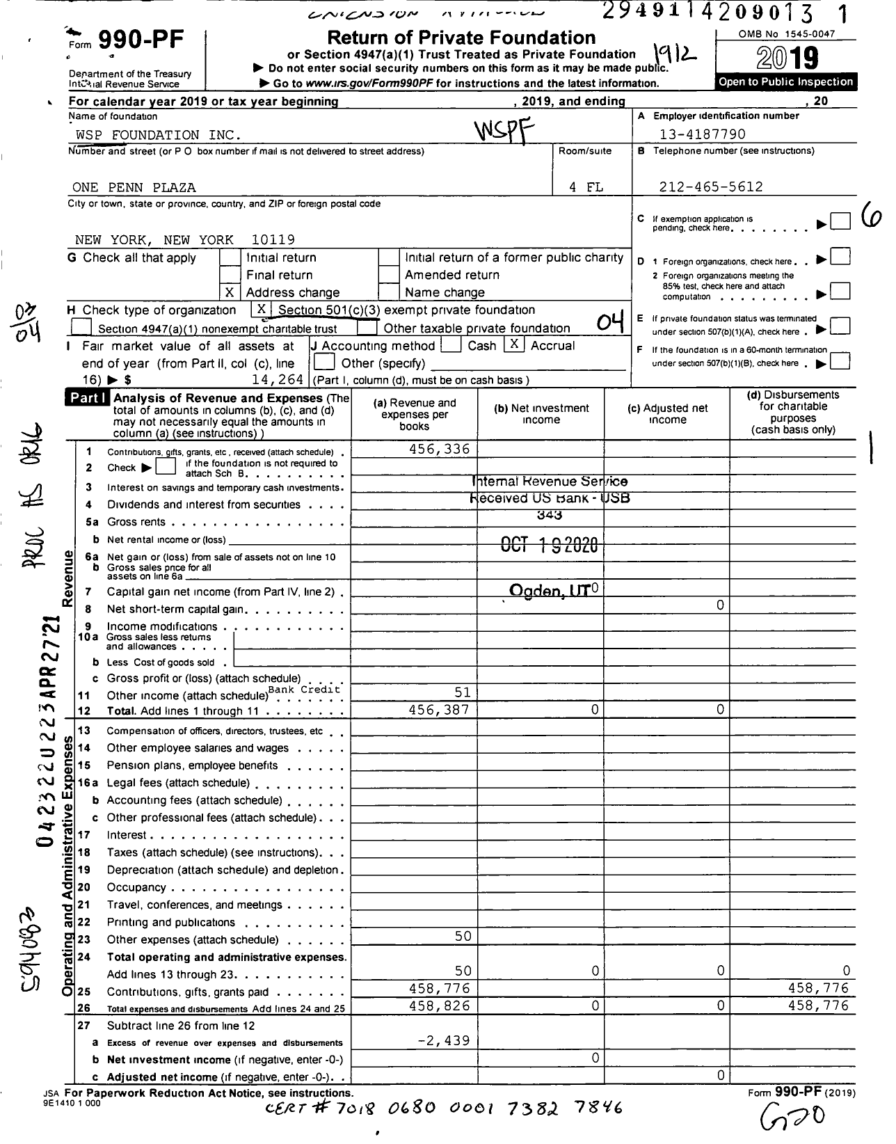 Image of first page of 2019 Form 990PF for WSP Foundation