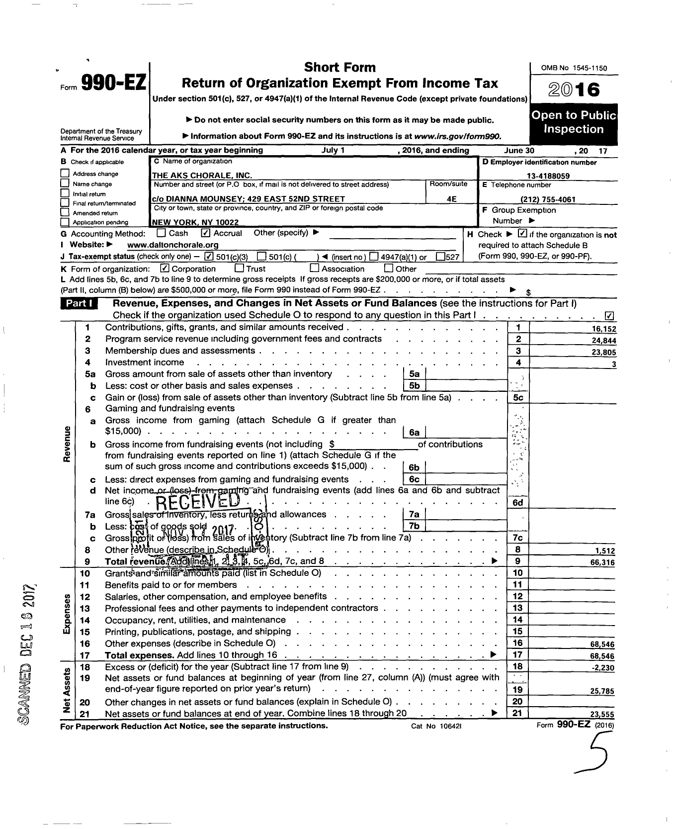 Image of first page of 2016 Form 990EZ for Aks Chorale