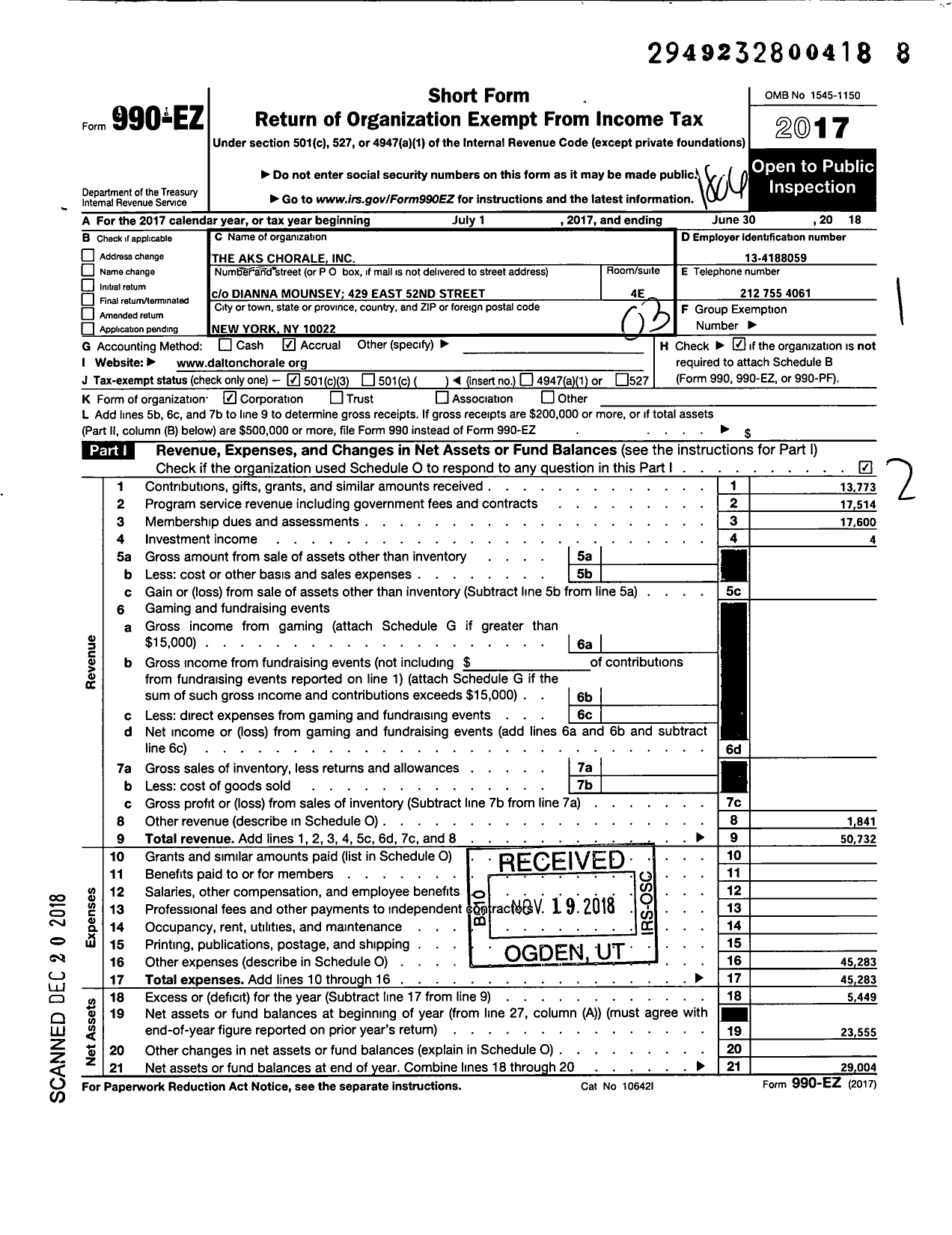 Image of first page of 2017 Form 990EZ for Aks Chorale