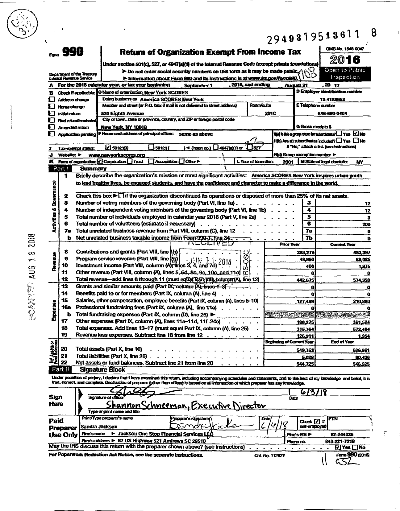 Image of first page of 2016 Form 990 for America Scores New York