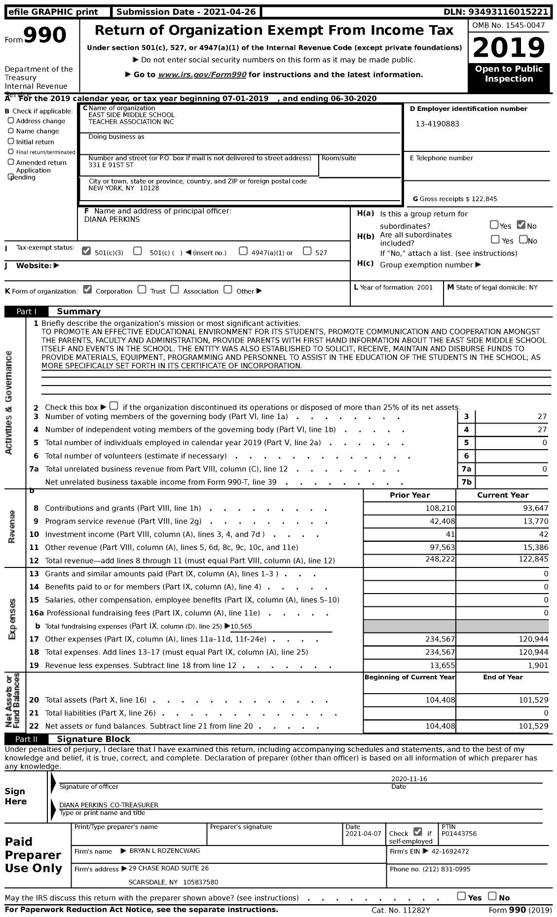 Image of first page of 2019 Form 990 for East Side Middle School Parent Teacher Association