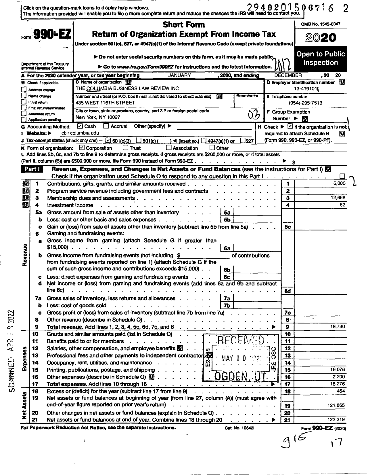 Image of first page of 2020 Form 990EZ for Columbia Business Law Review