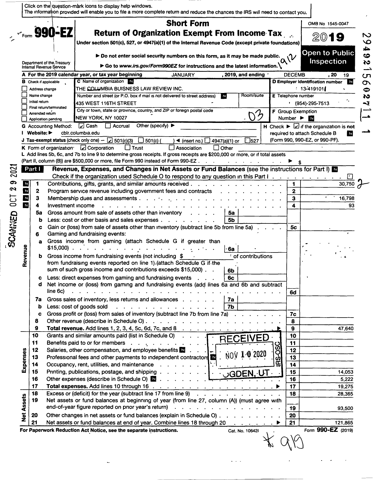 Image of first page of 2019 Form 990EZ for Columbia Business Law Review