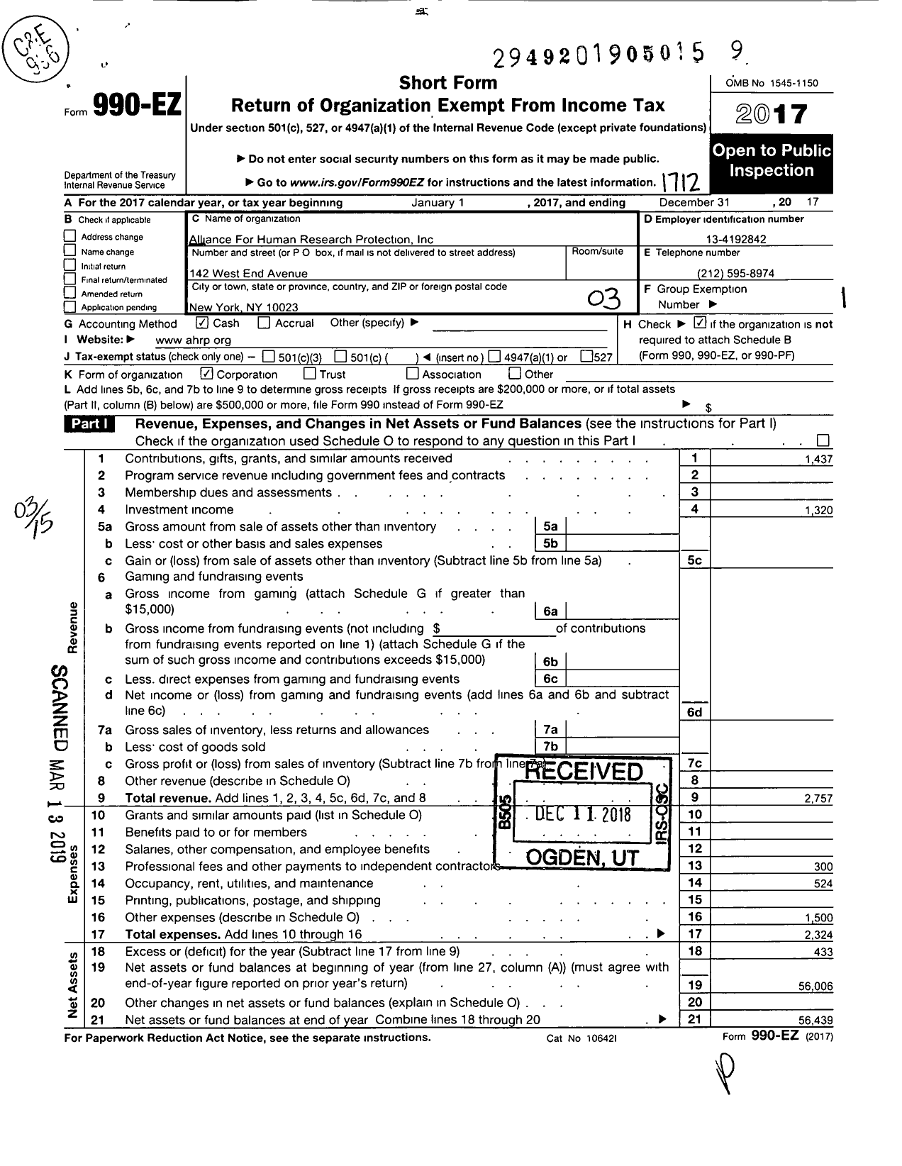 Image of first page of 2017 Form 990EZ for Alliance for Human Research Protection