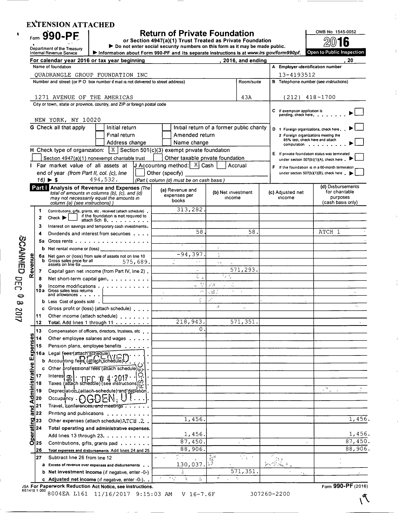 Image of first page of 2016 Form 990PF for Quadrangle Group Foundation