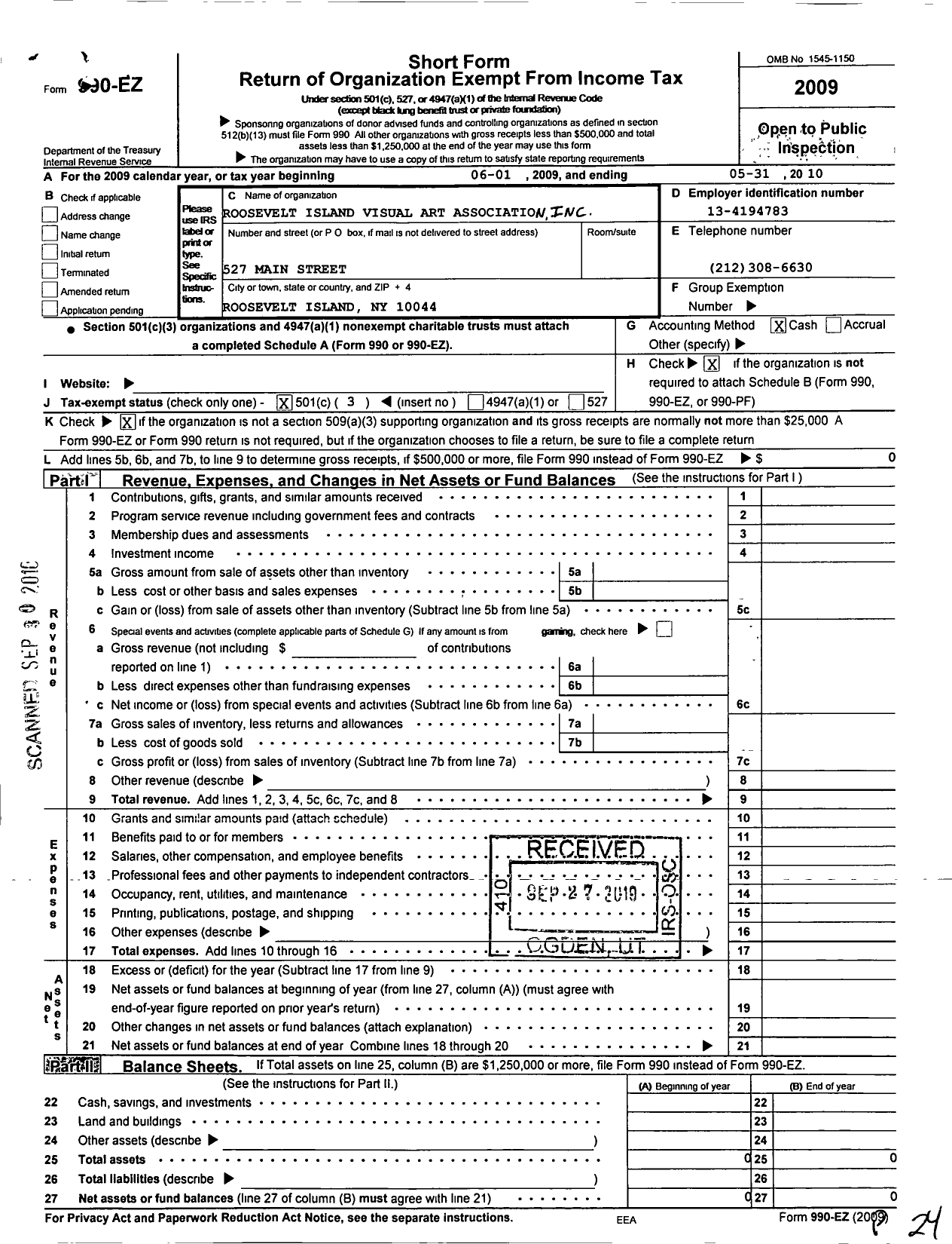 Image of first page of 2009 Form 990EZ for Roosevelt Island Visual Art Association