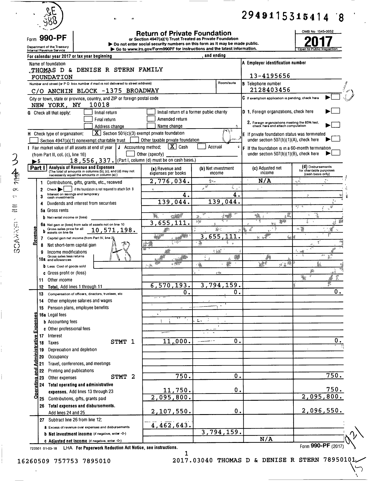 Image of first page of 2017 Form 990PF for Thomas D and Denise R Stern Family Foundation