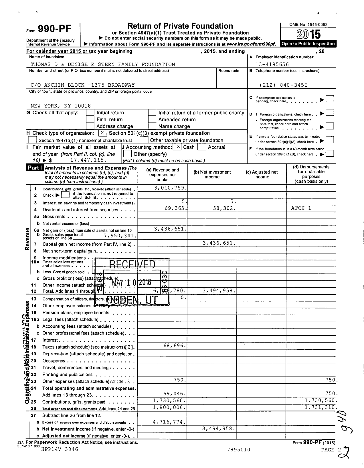 Image of first page of 2015 Form 990PF for Thomas D and Denise R Stern Family Foundation