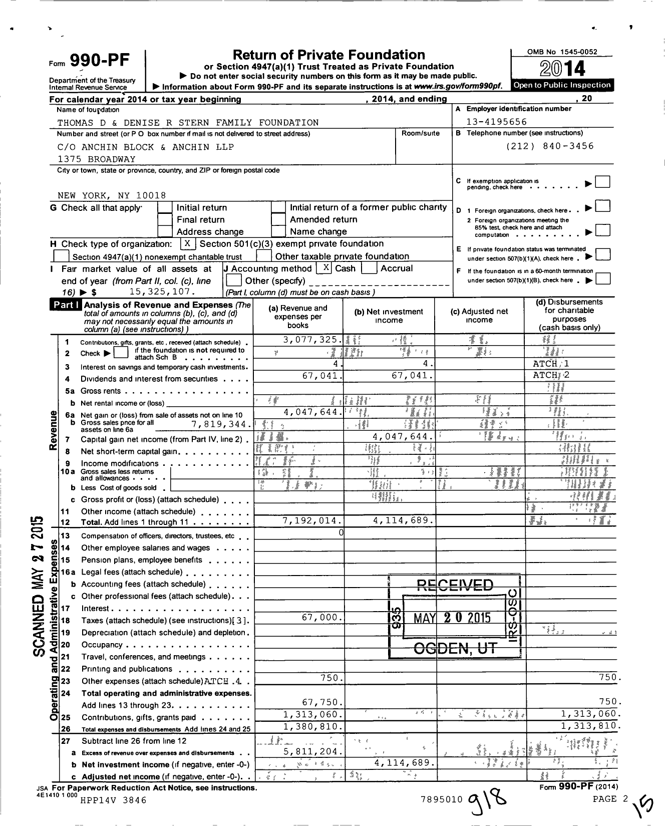 Image of first page of 2014 Form 990PF for Thomas D and Denise R Stern Family Foundation