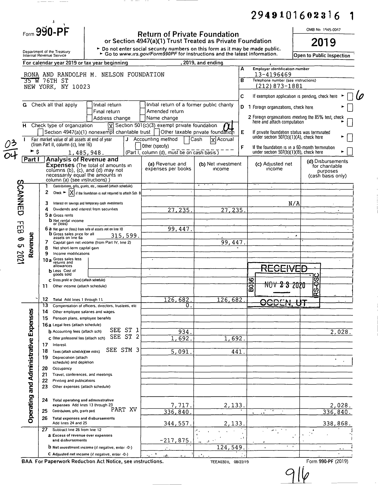 Image of first page of 2019 Form 990PF for Rona and Randolph M Nelson Foundation