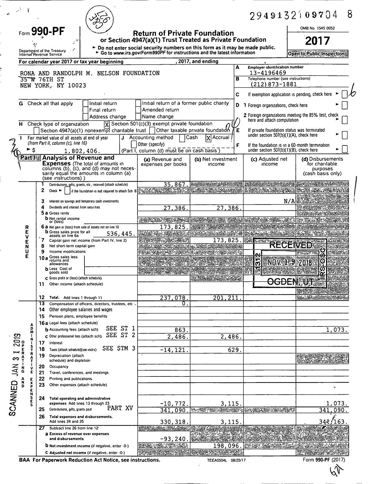 Image of first page of 2017 Form 990PF for Rona and Randolph M Nelson Foundation