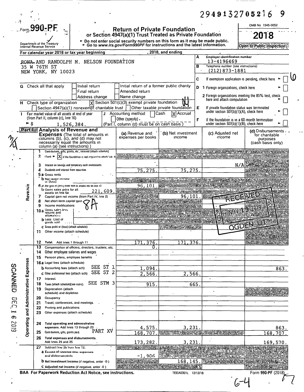 Image of first page of 2018 Form 990PF for Rona and Randolph M Nelson Foundation