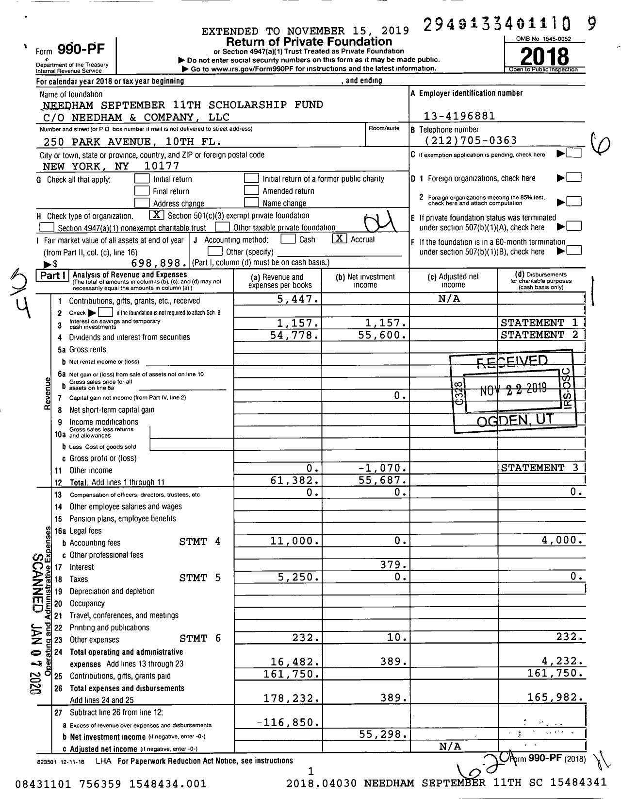 Image of first page of 2018 Form 990PF for Needham September 11th Scholarship Fund