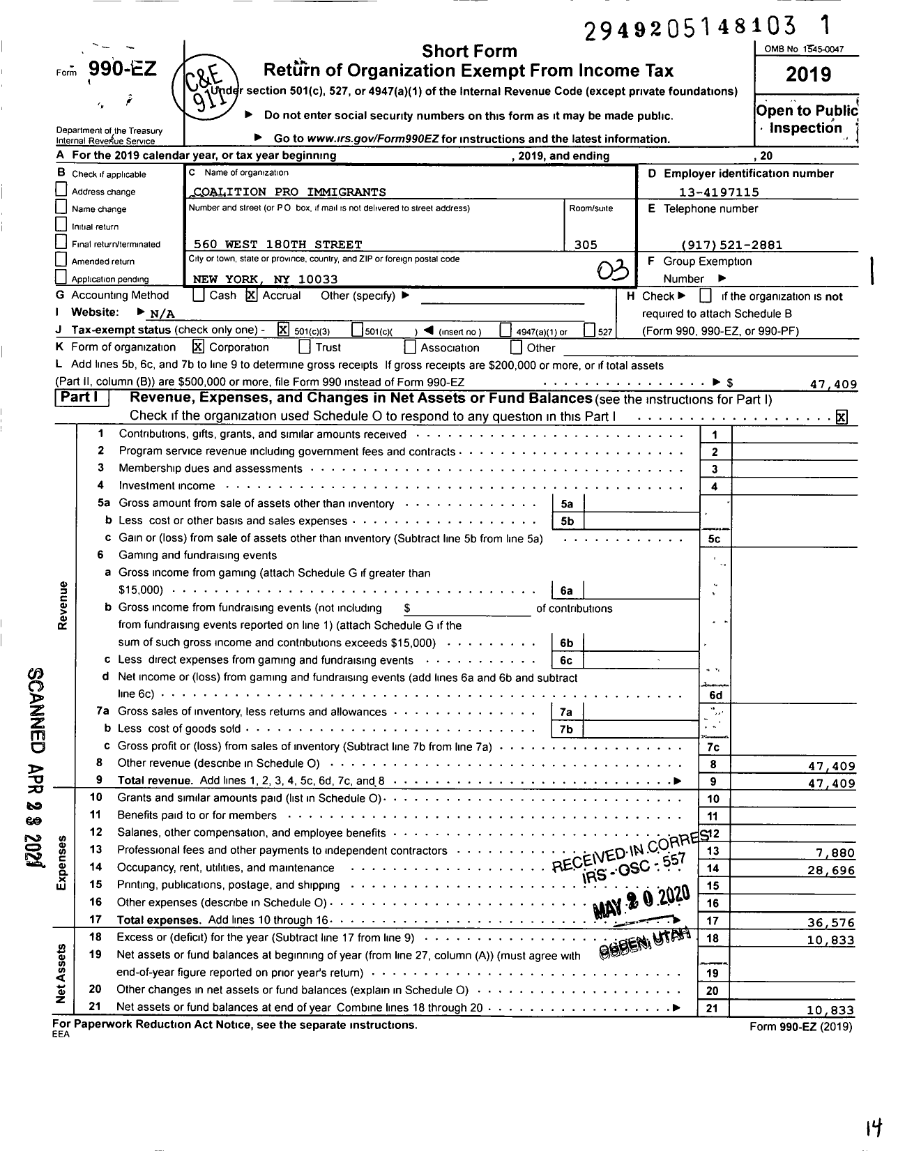 Image of first page of 2019 Form 990EZ for Coalition Pro Immigrants