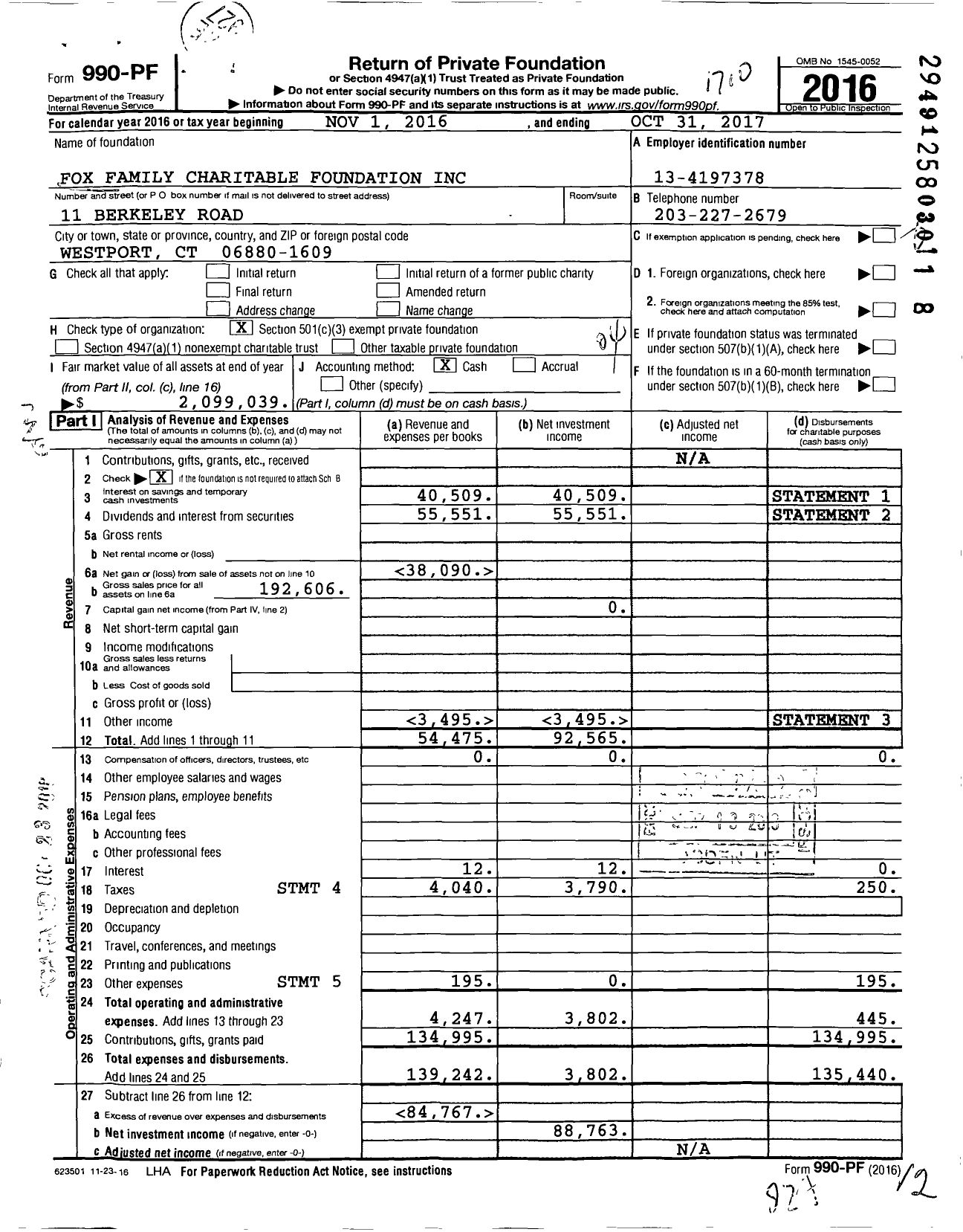 Image of first page of 2016 Form 990PF for Fox Family Charitable Foundation