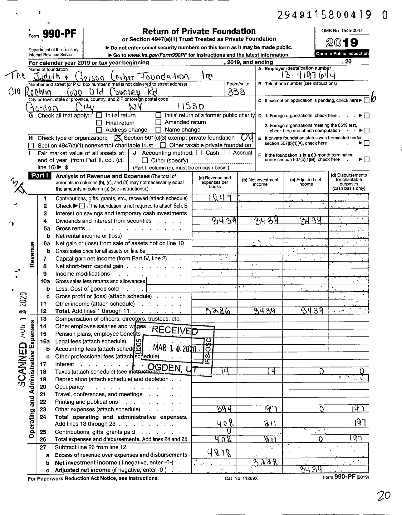 Image of first page of 2019 Form 990PR for The Judith and Gerson Leiber Foundation