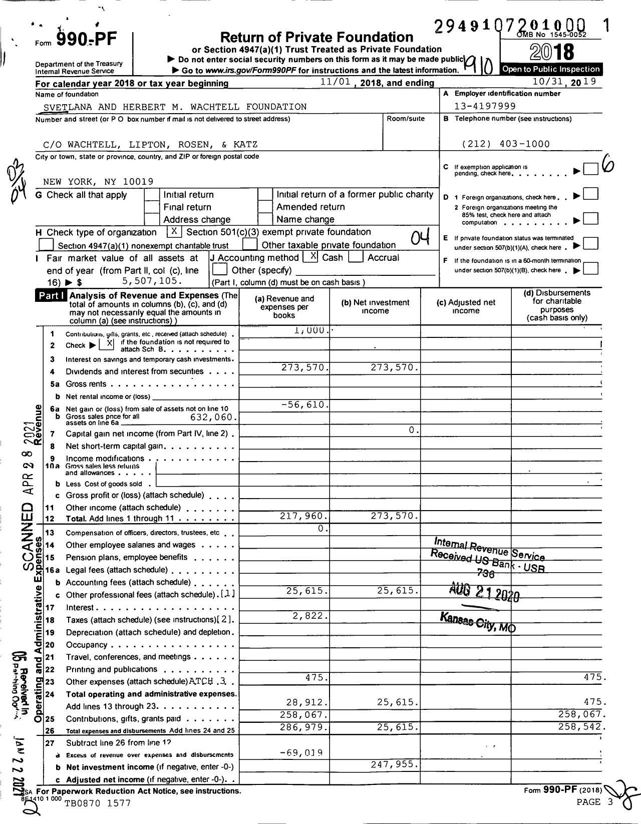 Image of first page of 2018 Form 990PF for Svetlana and Herbert M Wachtell Foundation