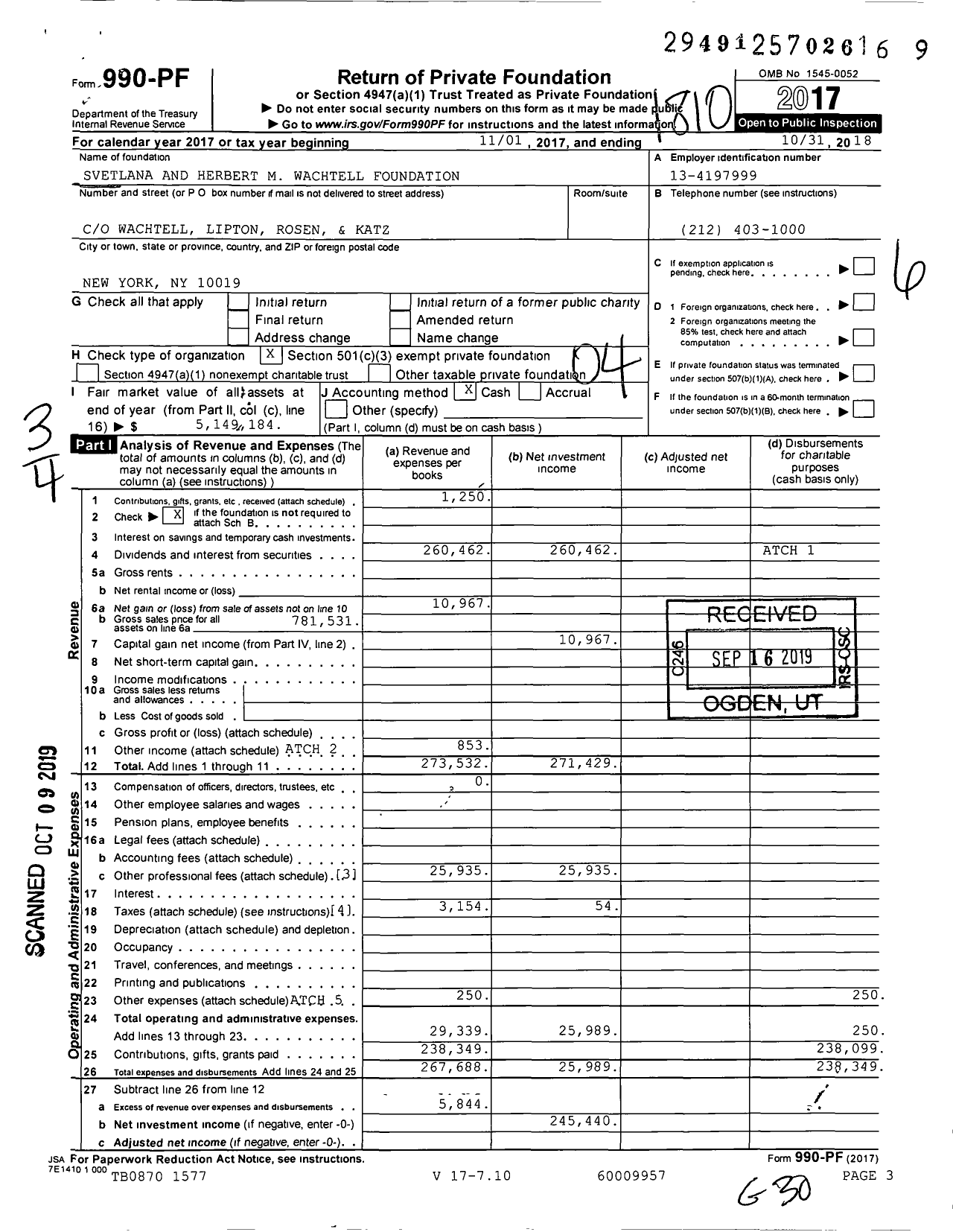 Image of first page of 2017 Form 990PF for Svetlana and Herbert M Wachtell Foundation