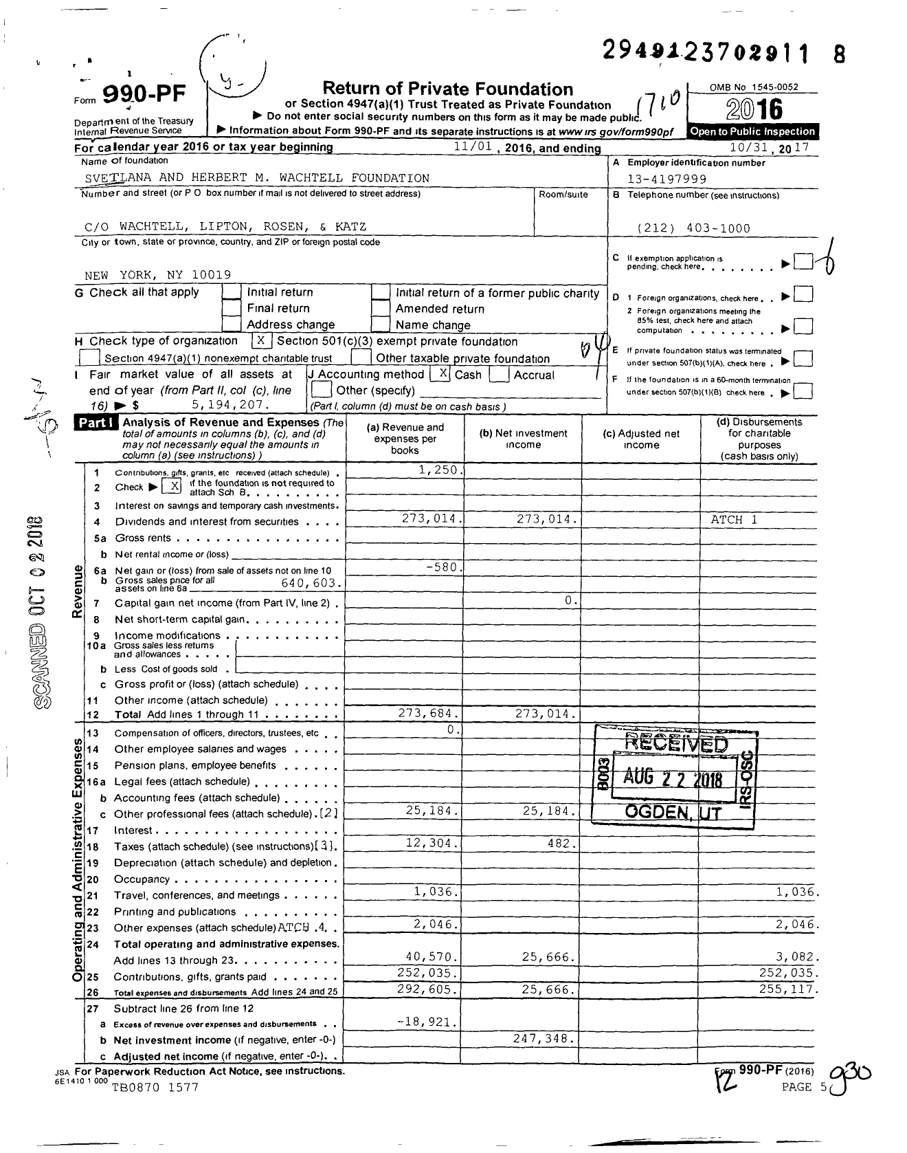 Image of first page of 2016 Form 990PF for Svetlana and Herbert M Wachtell Foundation