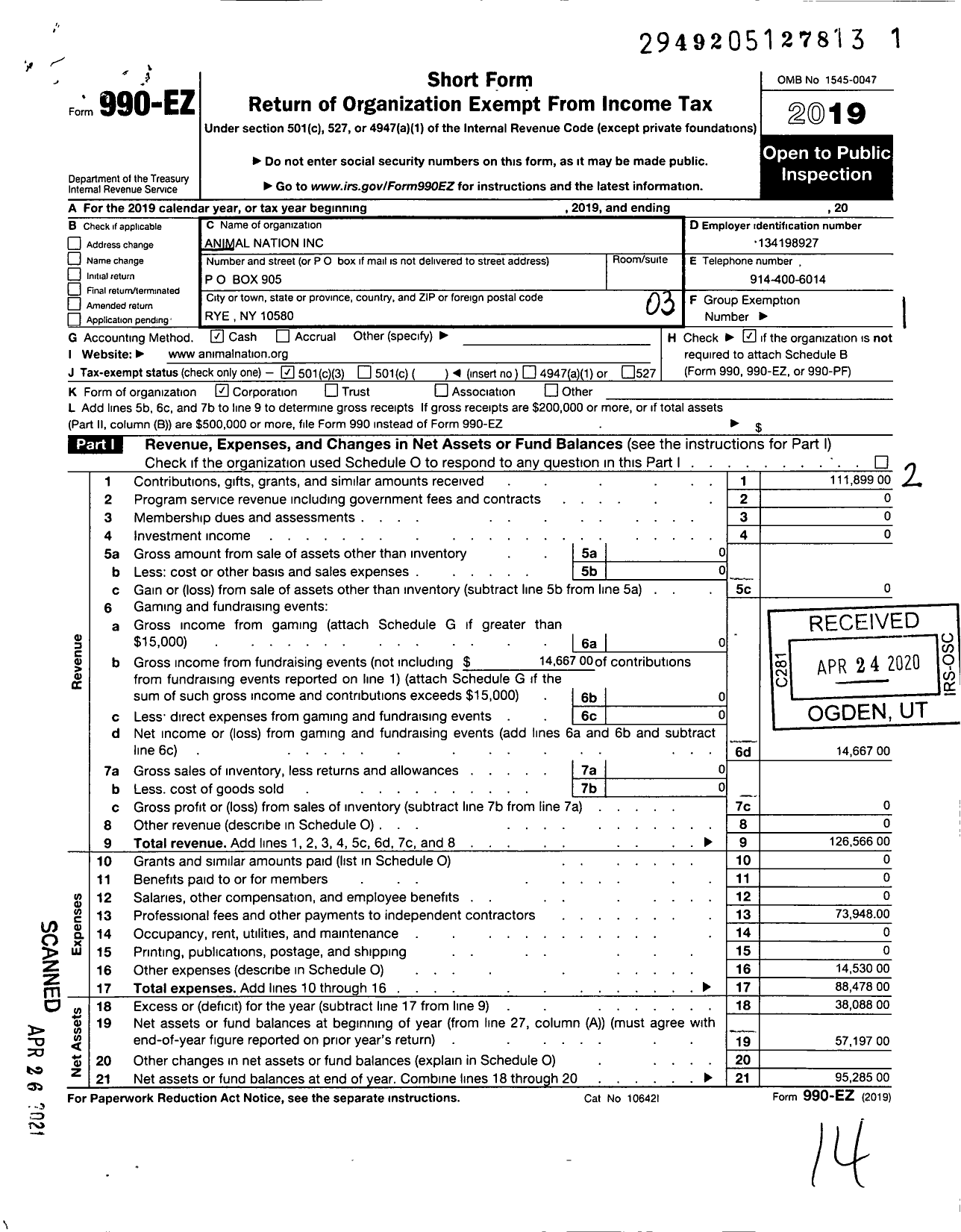 Image of first page of 2019 Form 990EZ for Animal Nation