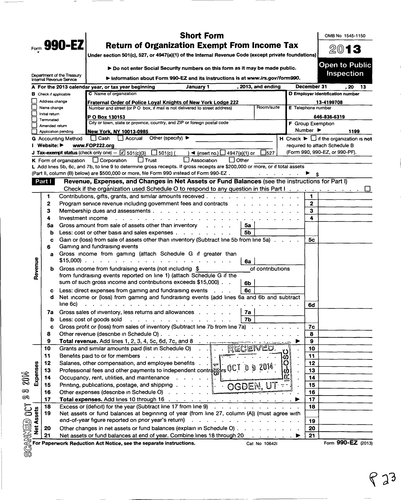 Image of first page of 2013 Form 990EZ for Fraternal Order of Police - 222 Loyal Knights of Ny Lodge