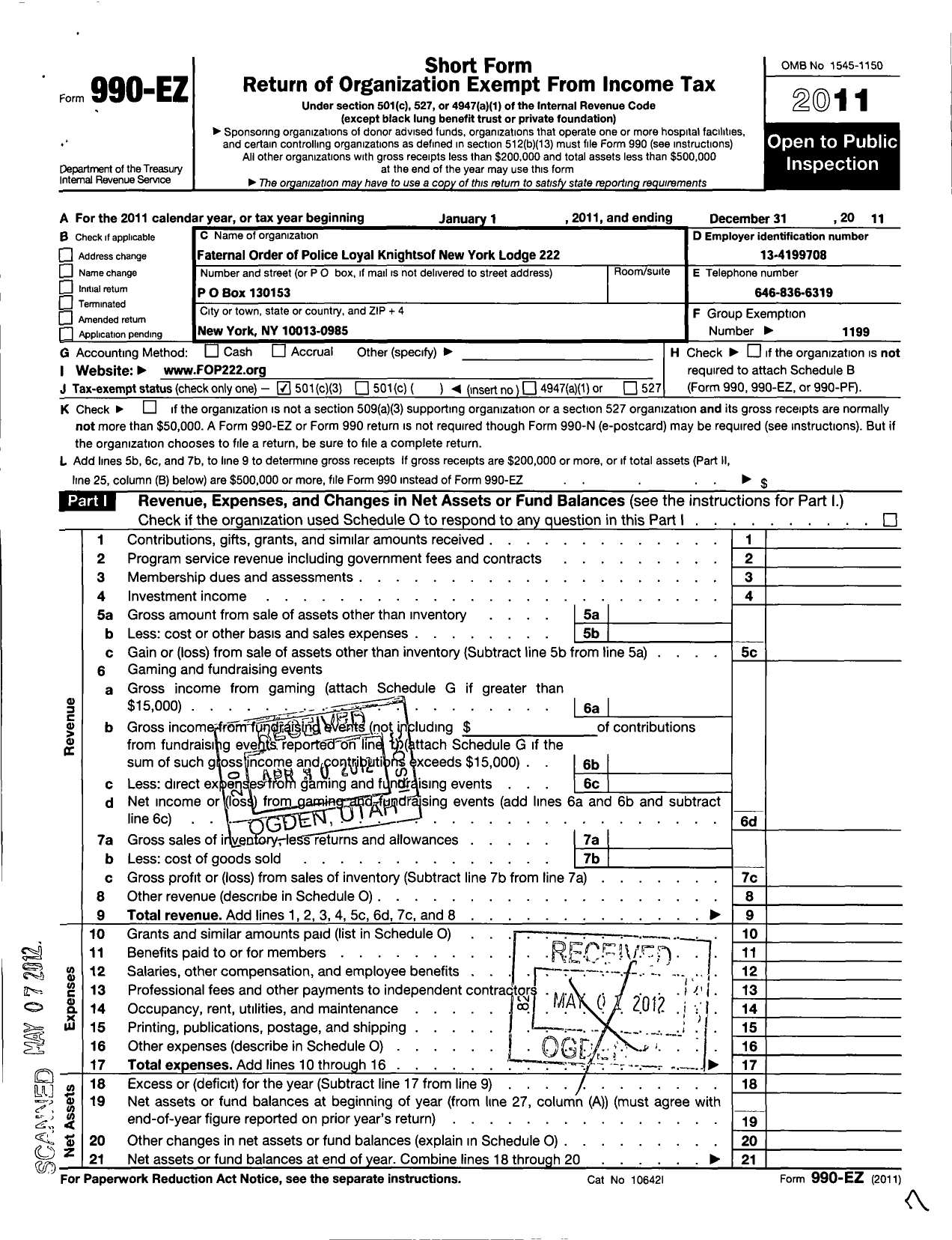 Image of first page of 2011 Form 990EZ for Fraternal Order of Police - 222 Loyal Knights of Ny Lodge