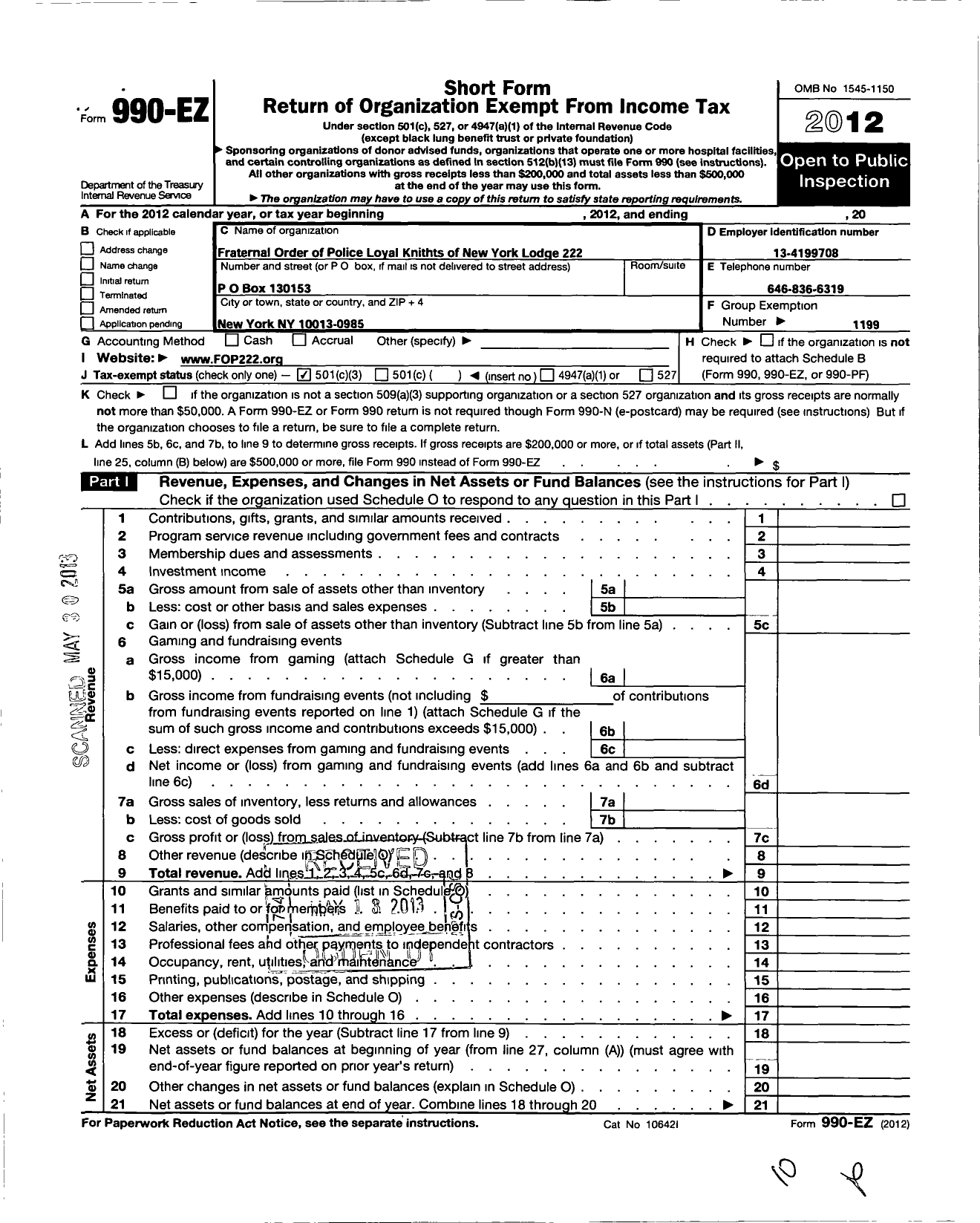 Image of first page of 2012 Form 990EZ for Fraternal Order of Police - 222 Loyal Knights of Ny Lodge