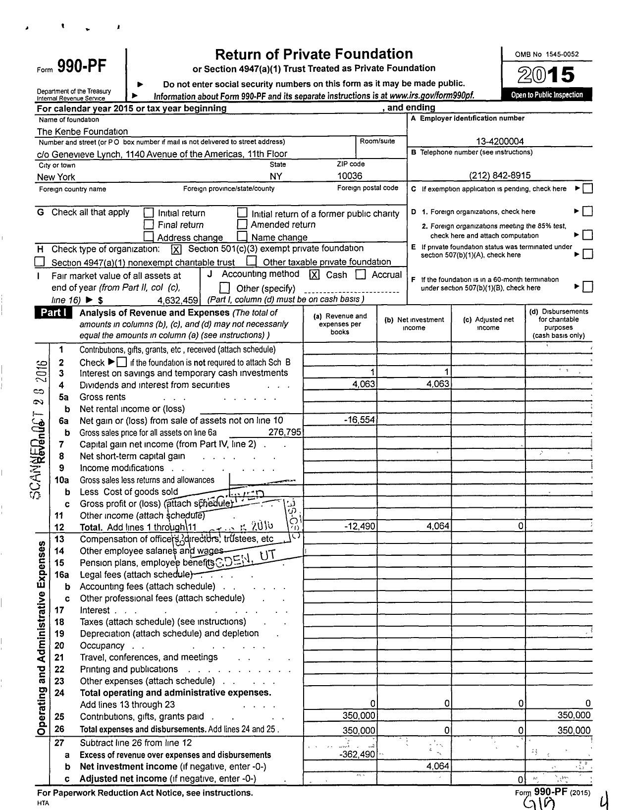 Image of first page of 2015 Form 990PF for The Kenbe Foundation