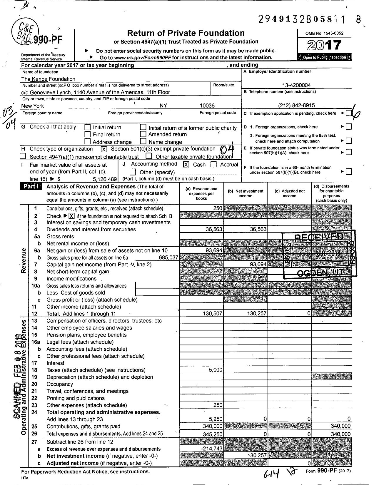 Image of first page of 2017 Form 990PF for The Kenbe Foundation