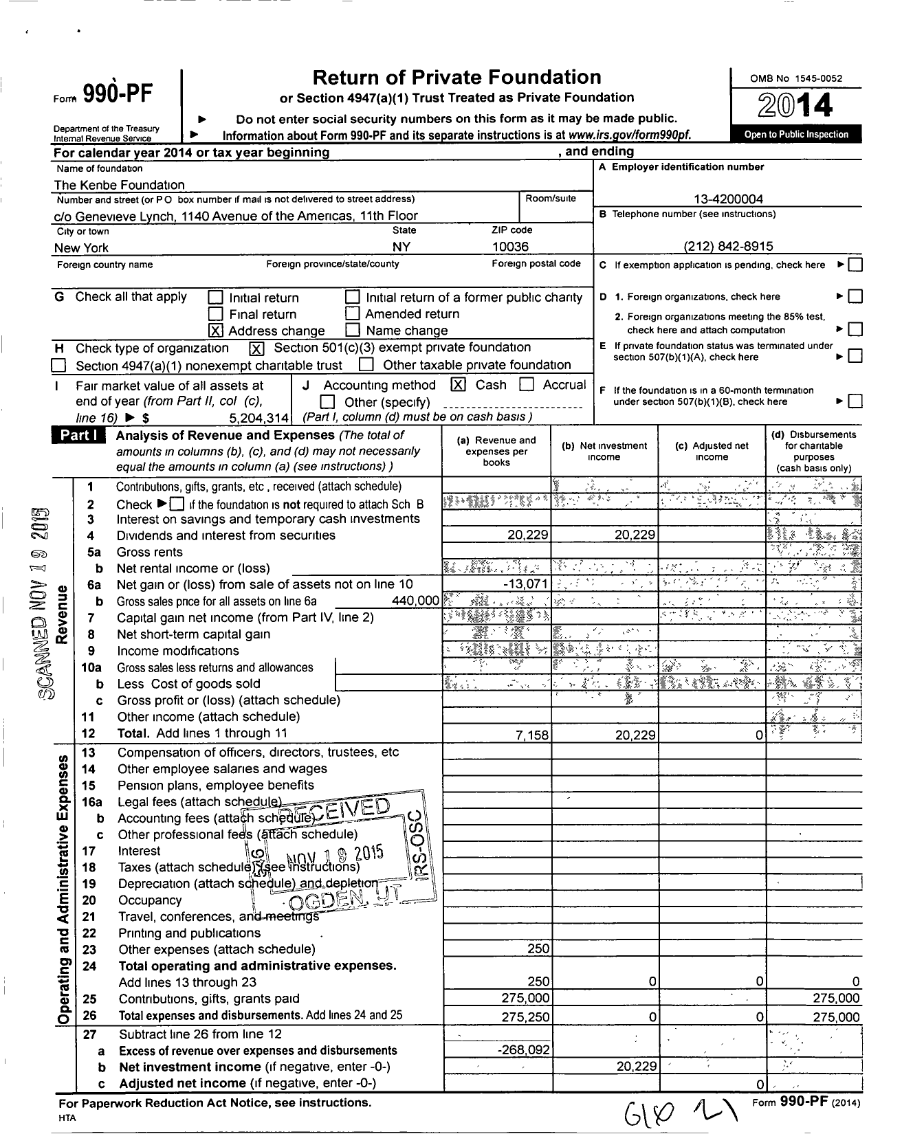 Image of first page of 2014 Form 990PF for The Kenbe Foundation