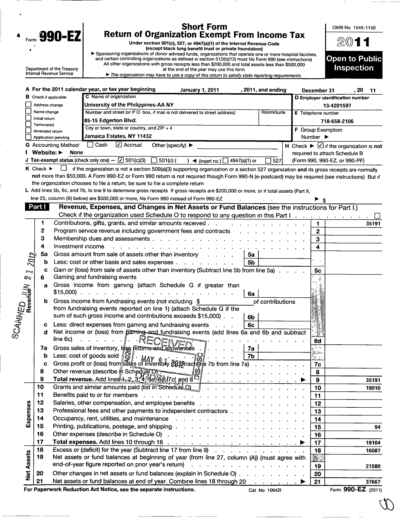 Image of first page of 2011 Form 990EZ for University of the Philippines Alumni Association Ny