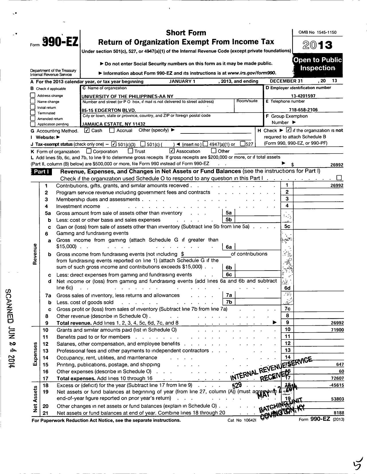 Image of first page of 2013 Form 990EZ for University of the Philippines Alumni Association Ny