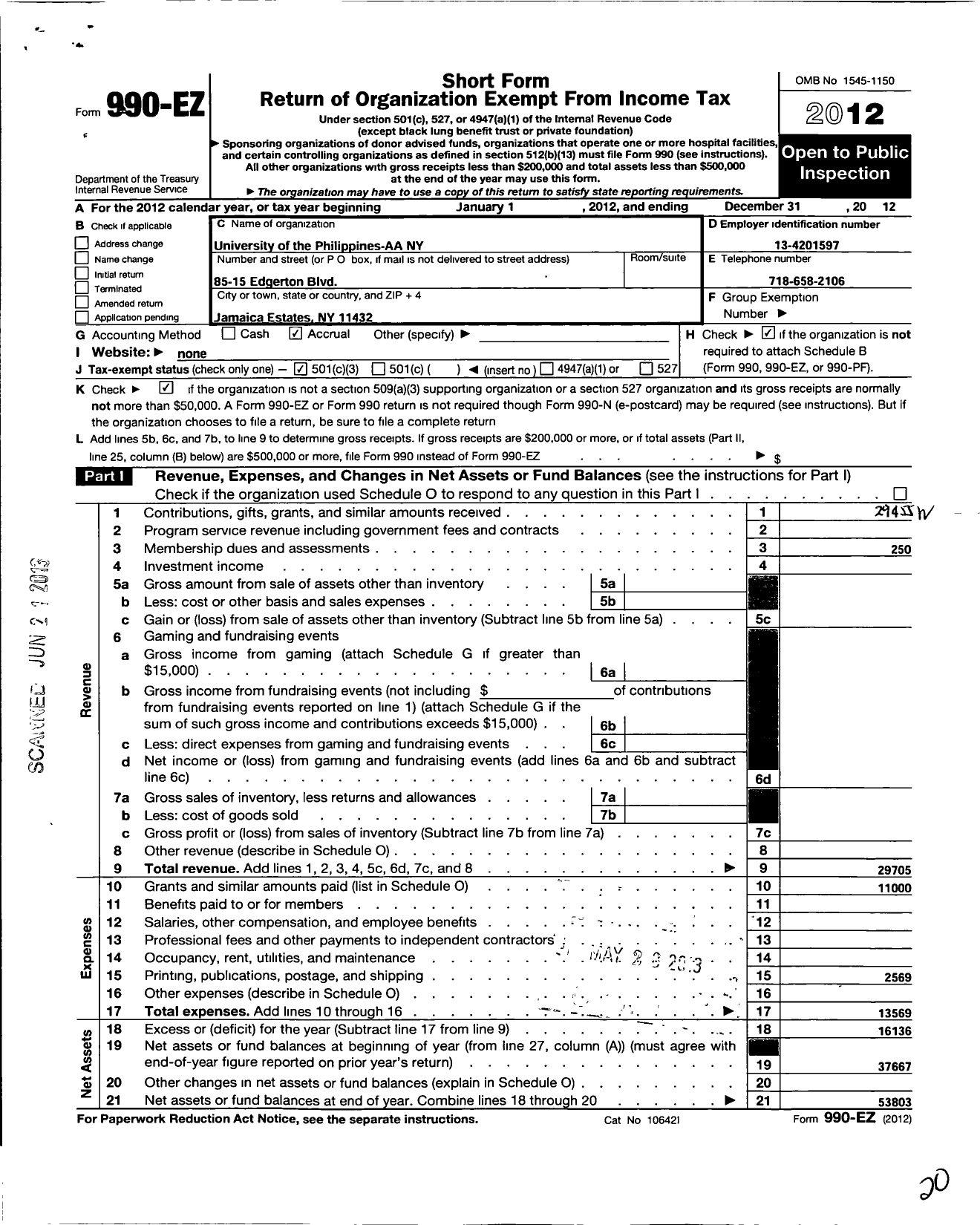 Image of first page of 2012 Form 990EZ for University of the Philippines Alumni Association Ny