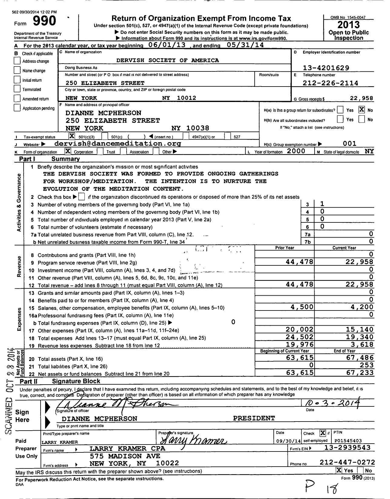 Image of first page of 2013 Form 990 for Dervish Society of America