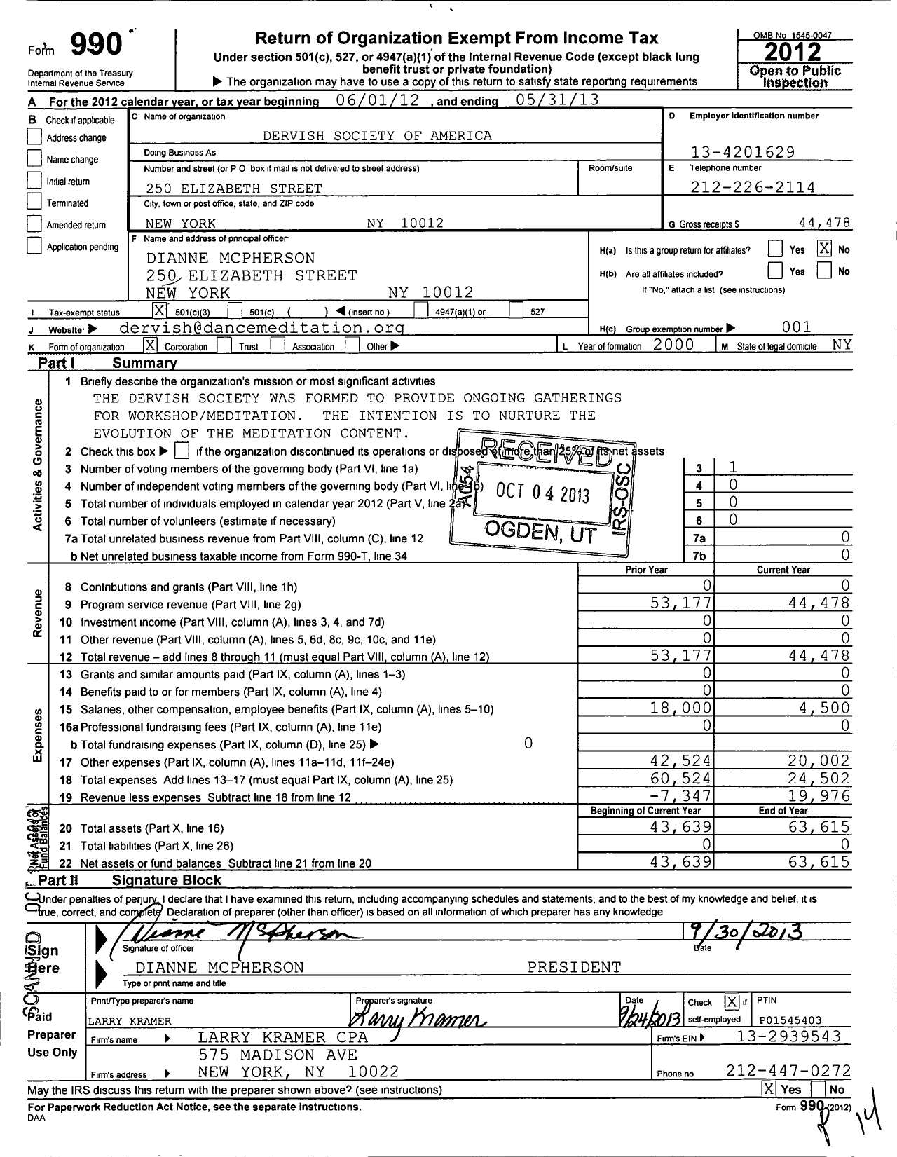 Image of first page of 2012 Form 990 for Dervish Society of America