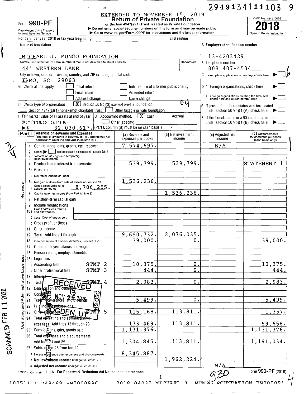 Image of first page of 2018 Form 990PF for Michael J Mungo Foundation