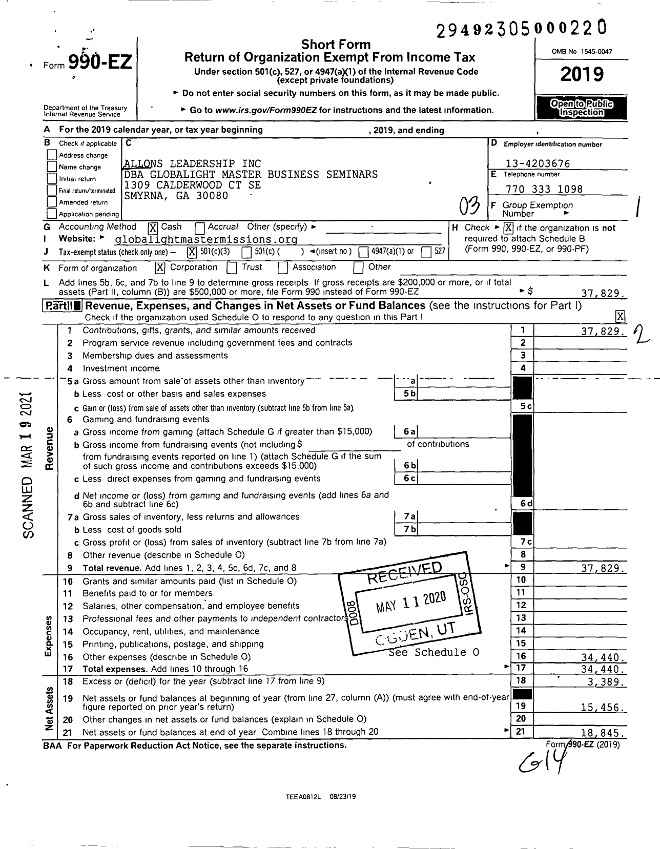 Image of first page of 2019 Form 990EZ for Globalight Master Business Seminars