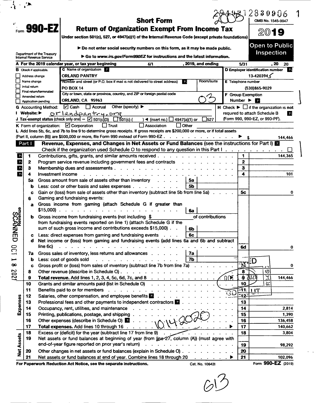 Image of first page of 2019 Form 990EZ for Orland Pantry