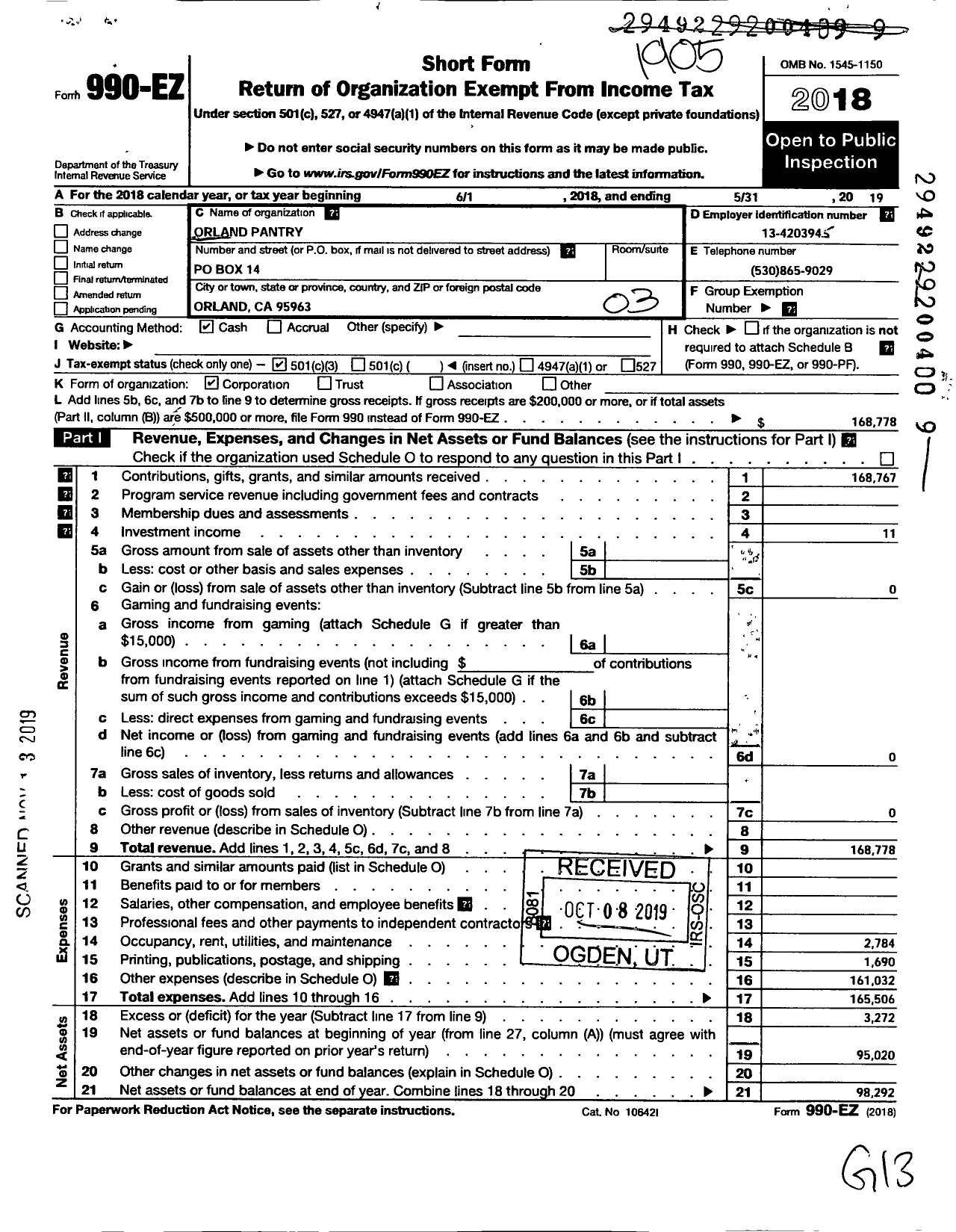 Image of first page of 2018 Form 990EZ for Orland Pantry