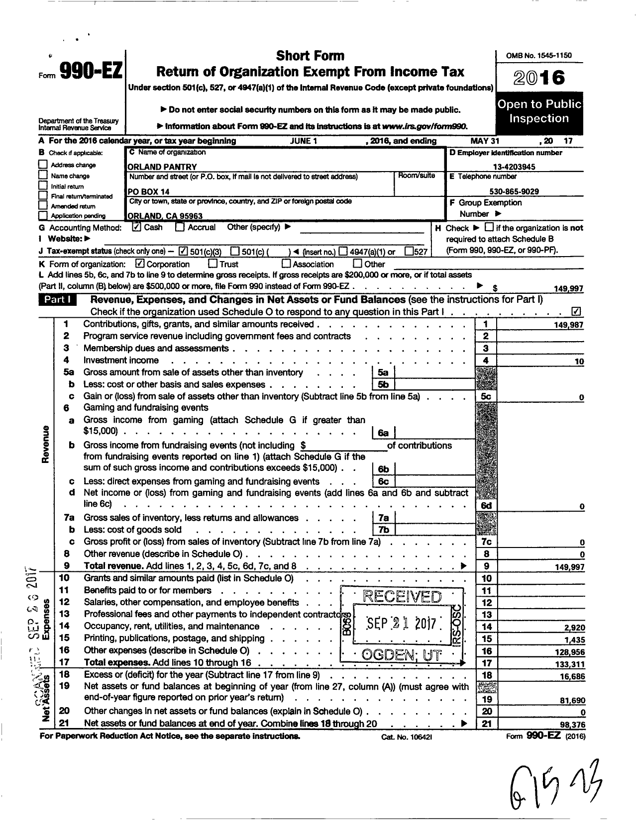 Image of first page of 2016 Form 990EZ for Orland Pantry