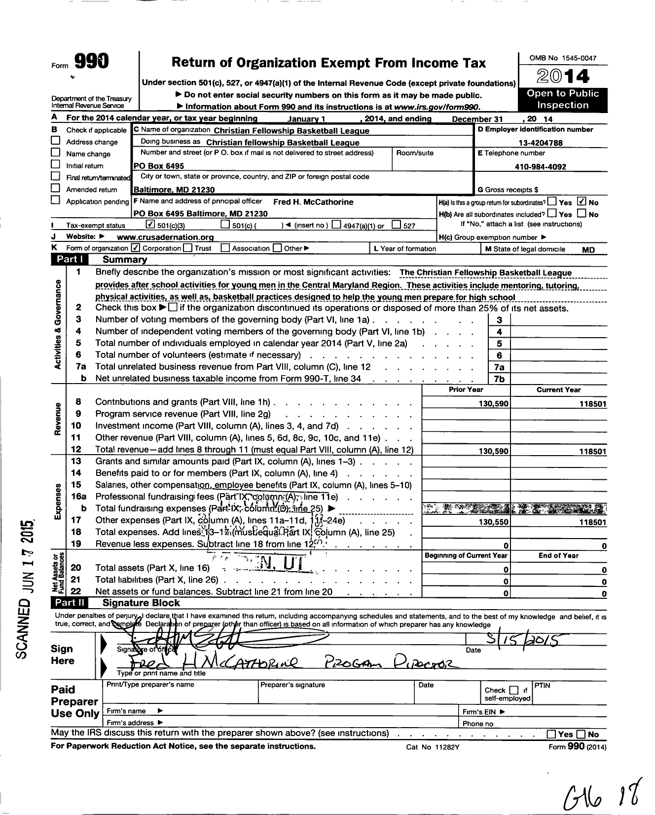 Image of first page of 2014 Form 990 for Christian Fellowship Basketball League